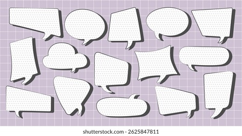 Set of retro paper speech stickers with halftone texture. School and office elements in the form of speech bubbles for notes, stickers. Hand drawn comic speech bubbles on checkered background.