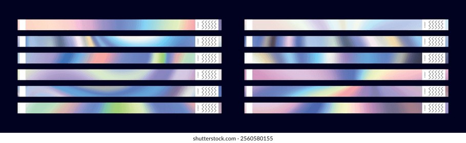 Set of retro paper wristbands and bracelets with hologram labels. Party and festival ticket Y2K designs. Flat vector illustration isolated on white background.