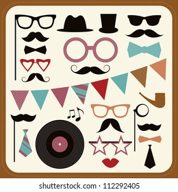 Set Of Retro Party Elements. Mustaches, Hats And Sunglasses.