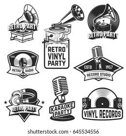 Set von Retro-Partysymbolen. Design-Elemente für Logo, Label, Emblem, Zeichen, Abzeichen. Vektorgrafik