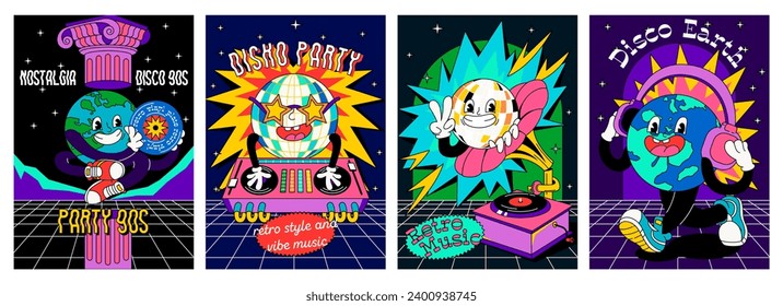 Set of retro party posters. Vintage groovy flyers with gramophone, disco ball, DJ and music cassettes. Design to karaoke event in 90s style invitation. Cartoon flat vector collection isolated on white