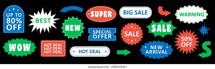 Set of retro patches, labels, tags, stickers, stamps for shopping. Abstract geometric shapes with text and arrows on black background . Isolated vector illustration