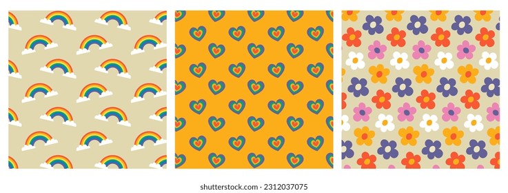 Set Of Retro Patterns. 1960 Design. Hippie Decoration. Vector Flat Illustration