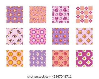 Set of retro patterns for groovy decoration. Colorful prints in the hippie style. Positive ornament in the vector illustration