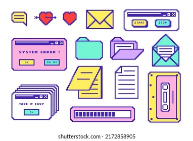 Set of retro pc elements. Old user interface window 90s retrowave style. Retro message box with buttons. Vector illustration of UI and UX.