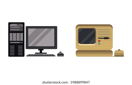 Set of Retro Personal Computers, Pc Monitor System with Keyboard and Mouse Flat Vector Illustration