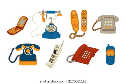 Set of retro phones. Electronic modern wireless and vintage wired gadgets of different generation. Hand drawn colored vector illustration isolated on white background. Modern flat cartoon style.