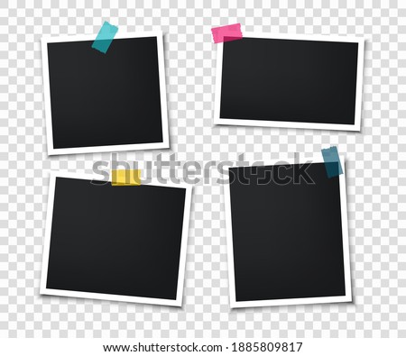 Set of retro photo frames with adhesive tape. Photo frame mockup design. Vintage blank photo cards. Realistic photo cards.