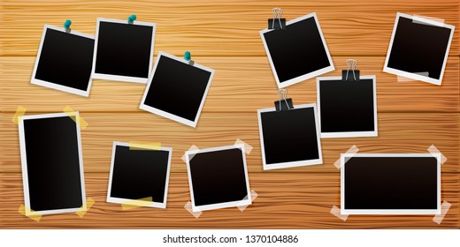 Set of Retro photo frames on wooden background with shadows. Vector illustration.