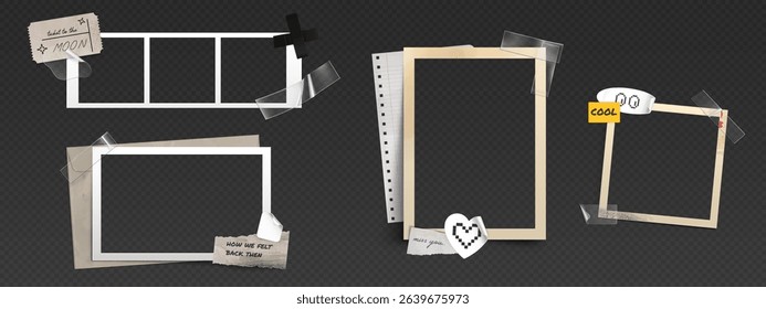 Set of retro photo frames and scrapbook layout in y2k or 90s style. Nostalgic collage of old blank instant film borders, ripped paper notes and stickers on transparent bg. Vintage picture mockup.