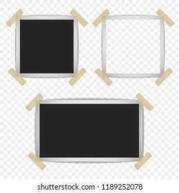 Set of retro photo frames with shadows on a sticky tape with the possibility of overlay. Vector illustration isolated on transparent background.