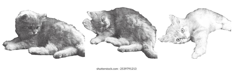 Set of retro photocopy cats. Trendy halftone style for collages