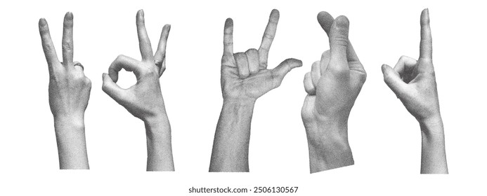 Set of retro photocopy human hands on transparent background. Vector elements with grain effect