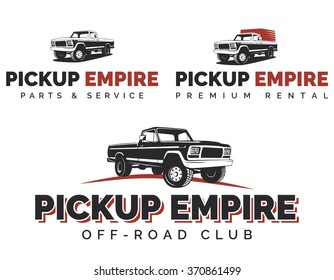 Set of retro pickup trucks logos, emblems and icons. Off-road SUV pickup logotype design.