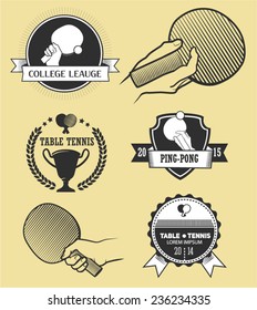 Set of retro ping-pong and table tennis logotypes, hands with racket