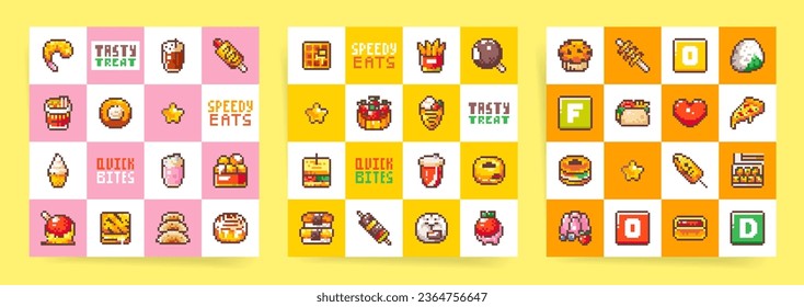 Set of Retro Pixel Art Patterns with Tasty Sweet and Fast Food. 8 bit Sandwiches, Fries, Buns, Pastry, Pizza, Sushi. Vector Pack of Seamless Designs for Wrapping Paper.