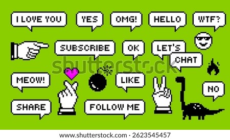 Set of Retro Pixel art speech bubbles and pixel icons for Social media. Y2k stickers. Finger heart, Subscribe, Follow me, share. Nostalgia arcade. Game style dialogue box. Futuristic vector design