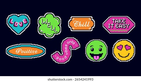 Set of retro pixel art stickers. Trendy colorful badges for adding a playful, nostalgic vibe to digital projects, social media, games etc. Fun 8bit emoji shapes, patches. y2k style positive quote pack