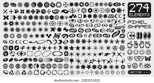 Set Of Retro Pixel Elements. Cool Collection Of Y2K Graphics. Acid Rave Abstract Geometric Shapes Vector Design.