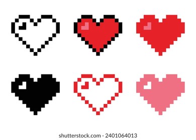 A set of retro pixel hearts buttons. Vintage love symbol, 8-bit vector illustration for a computer and internet game.