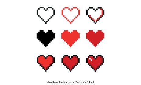 Set of retro pixel hearts buttons, love pixel heart rating, hearts game life bar, game progress bars, pixel game life symbol, life level or indicators of health, life level charts measurement