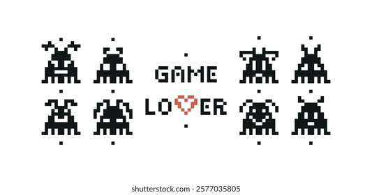 Set of Retro Pixel Video Game Abstract Aliens Characters. Funny Space Monsters icons in Pixel Art Style. Old School Arcade Game Computer Graphic Design. Black and White Vector illustration