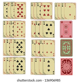 Set of retro playing cards with back from two to ten