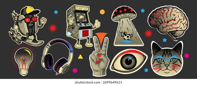Um conjunto de adesivos de arte pop retro com um efeito de meio-tom, com um hotdog, jogo de arcade, UFO, e um gato,