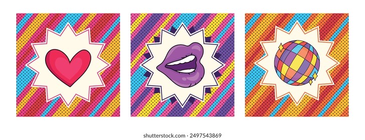 Set of retro pop art style bright backgrounds with a heart, woman lips and disco ball. Decorated with stripes and polka pattern. Vector illustration