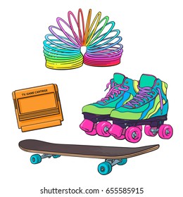 Set of retro pop culture items from 90s - skates, skateboard, TV game cartridge, spring, sketch illustration isolated on white background. Hand drawn set of 90s, retro items