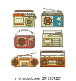 Set of retro portable stereo radio cassete recorder vector illstration