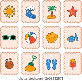 Set of retro post card stamp of summer stickers. Includes summer elements.