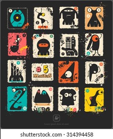Set of retro postage`s stamp with funny monsters. Cartoon illustration. Vector set.