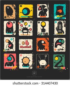 Set of retro postage`s stamp with funny monsters. Cartoon illustration. Vector set.