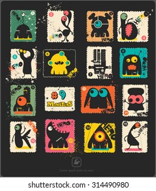 Set of retro postage`s stamp with funny monsters. Cartoon illustration. Vector set.