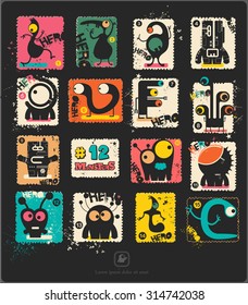 Set of retro postage`s stamp with funny monsters. Cartoon illustration. Vector set.