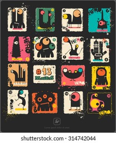 Set of retro postage`s stamp with funny monsters. Cartoon illustration. Vector set.