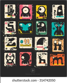 Set of retro postage`s stamp with funny monsters. Cartoon illustration. Vector set.