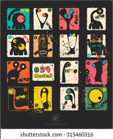 Set of retro postage`s stamp with funny monsters. Cartoon illustration. Vector set.