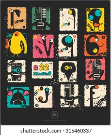 Set of retro postage`s stamp with funny monsters. Cartoon illustration. Vector set.