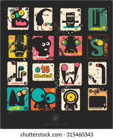 Set of retro postage`s stamp with funny monsters. Cartoon illustration. Vector set.