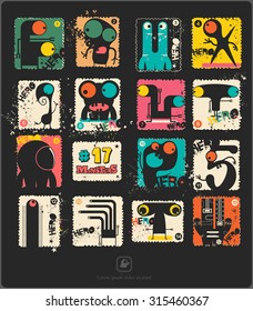 Set of retro postage`s stamp with funny monsters. Cartoon illustration. Vector set.