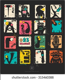 Set of retro postage`s stamp with funny monsters. Cartoon illustration. Vector set.