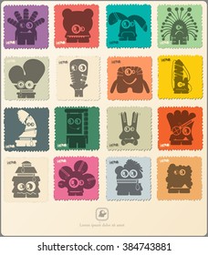 Set of retro postage`s stamp with funny monsters. Cartoon illustration. Vector set.