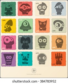 Set of retro postage`s stamp with funny monsters. Cartoon illustration. Vector set.