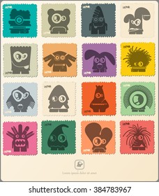 Set of retro postage`s stamp with funny monsters. Cartoon illustration. Vector set.