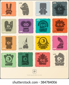 Set of retro postage`s stamp with funny monsters. Cartoon illustration. Vector set.
