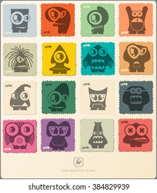 Set of retro postage`s stamp with funny monsters. Cartoon illustration. Vector set.