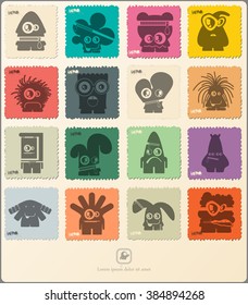Set of retro postage`s stamp with funny monsters. Cartoon illustration. Vector set.