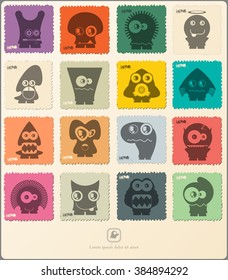 Set of retro postage`s stamp with funny monsters. Cartoon illustration. Vector set.